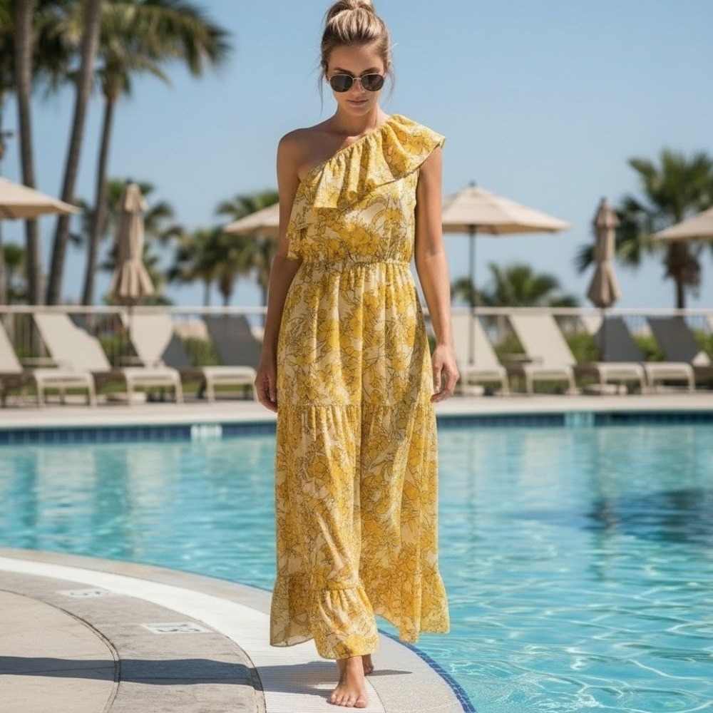 Cupshe Maxi Dress Yellow Floral One Shoulder Ruffle Tiered Boho Resort Size XXL